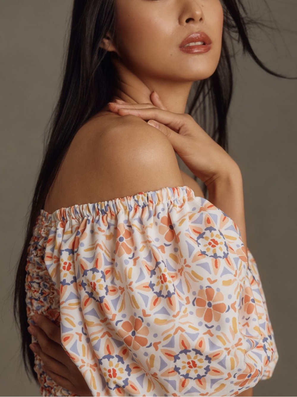 dolan Off-Shoulder Floral Tunic in Cream, Peach and Blue
